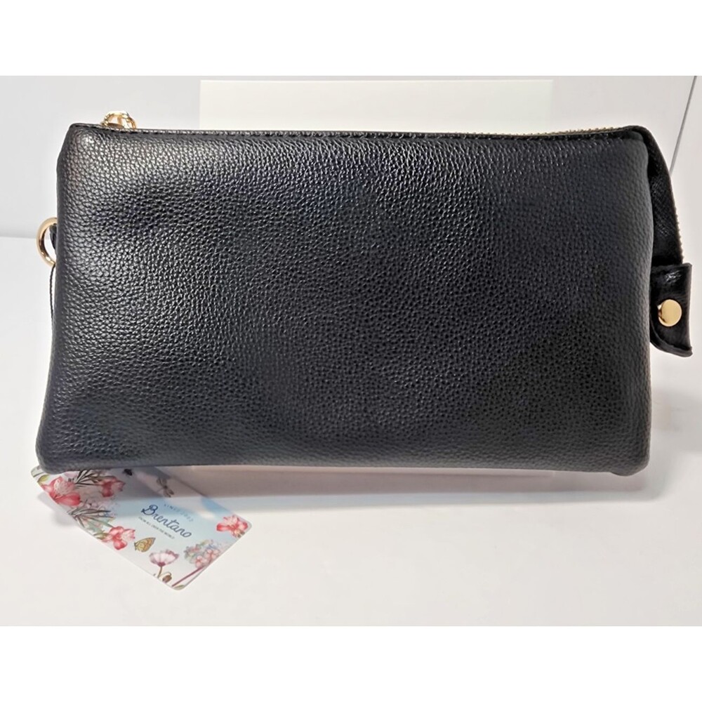 BRENTANO Vegan Leather Multi-Pocket Crossbody Purse/Clutch Black NEW